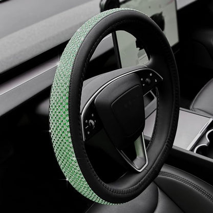 PINCTROT Bling Comfy Steering Wheel Cover for Tesla Model Y/3 Highland/Juniper, D Shaped 14 Inch Small Sized with Jumbo Crystal Rhinestones, Flat Bottom with Anti-Slip Diamond Leather (Vivid Green)