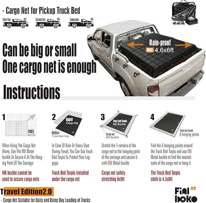 Cargo Net for Pickup Truck Bed,4' x 6' Stretches to 8' x 12' - Small Mesh Bungee Net Cargo Netting with Portable Truck Bed Tarp,Cargo Net Suitable for Daily and Rainy Day Loading of Trucks