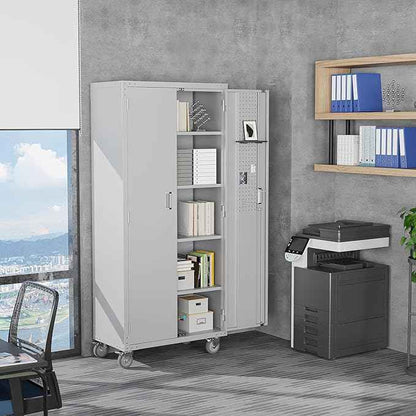 VINGLI 72'' Tall Garage Storage Cabinet, Metal Storage Cabinet with Pegboards, Wheels, Locking Doors and Adjustable Shelves (Gray, 32''W x 16''D x 72''H)