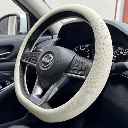 PINCTROT D Shaped Nappa Leather Steering Wheel Cover, Slim Fit No Bulk Design, One Piece Leather with Breathable Perforation, Fit Like Gloves, Flat Bottom 14.5-15 Inch(Nappa Beige)