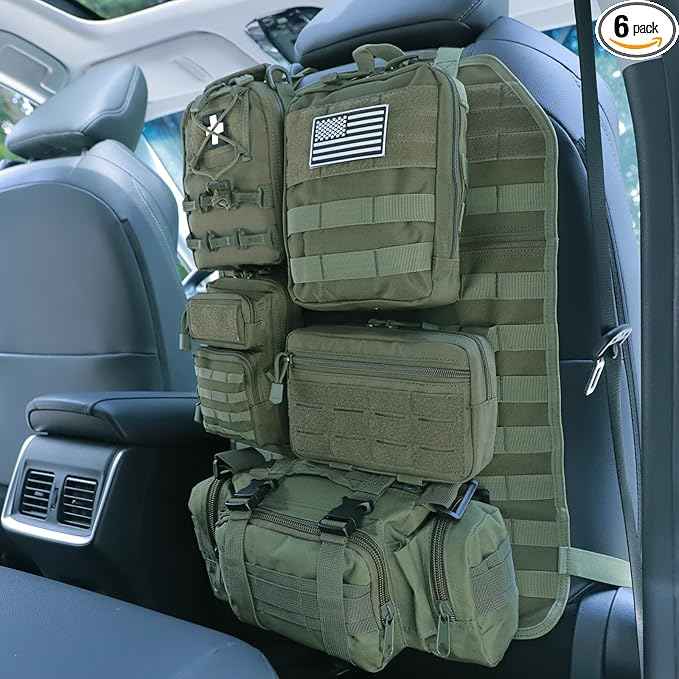 Universal Tactical Car Seat Back Organizer Bag Tactical Molle Vehicle Organizers Panel Vehicle Protector Organizers with 5 Detachable Pouches for Car Truck Ford Jeep (Model B-Army green)