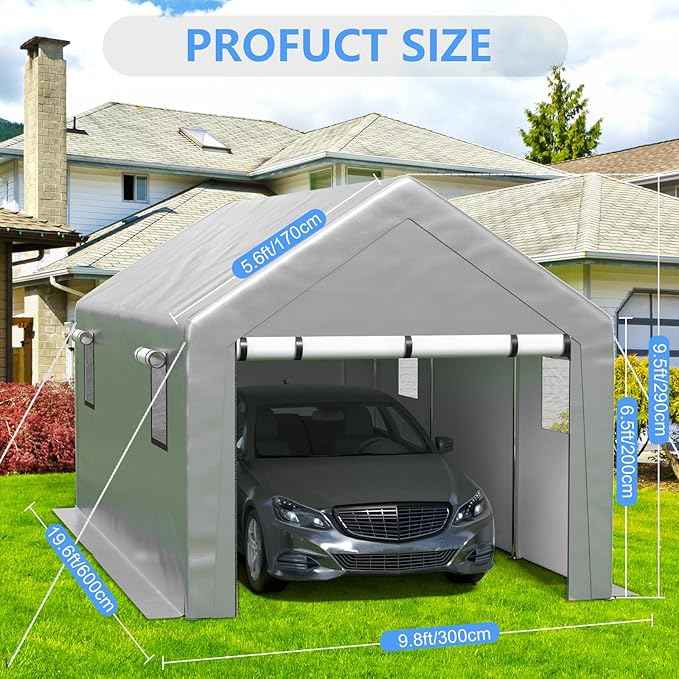 Carport 10x20 FT Enclosed Carport with Roll-up Windows, Portable Garage with Removable Sidewalls & Doors, Car Canopy Tent with Sandbags All-Season Tarp for Car Boat Truck Motorcycle
