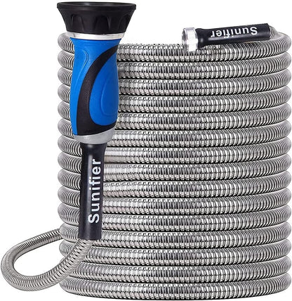 Metal Garden Hose 25 Ft Flexible Stainless Steel Garden Hose Lightweight, Heavy Duty Water Hose With High Pressure Hose Nozzle Sprayer for Garden, Lawn(25 FT)