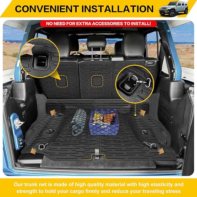 Cargo Mats with Net for 2021-2025 Jeep Wrangler JL Unlimited 4XE Accessories All Weather Protection Rear Seat Back Cover Trunk Liner Cargo Net for 21-25 JL JLU 4XE 4 Door(Not for 4X4)
