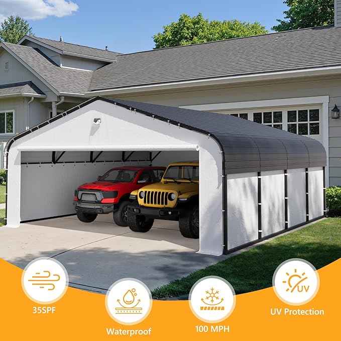 20x20 Metal Carport, Heavy Duty 2-Car Carport Canopy, CarPorts with Removable Polyethylene Sidewalls, Galvanized Steel Roof Car Tent Garage