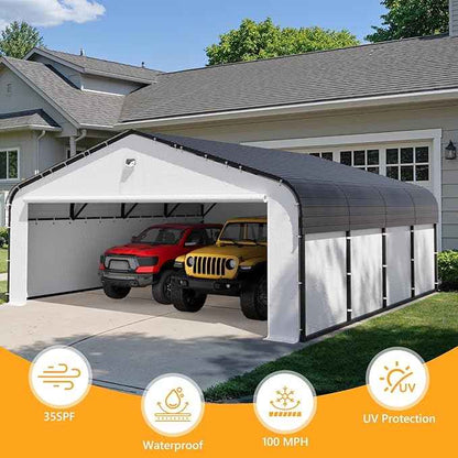 20x20 Metal Carport, Heavy Duty 2-Car Carport Canopy, CarPorts with Removable Polyethylene Sidewalls, Galvanized Steel Roof Car Tent Garage