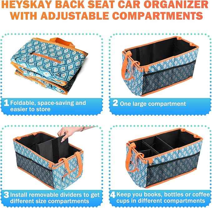 HEYSKAY Car Seat Organizer-Passenger Seat Organizer, Collapsible Small Car Seat Organizer for Console Front/Back, Car Seat Caddy Organizer with 4pc Drink Holders Automotive Backseat Organizer for Kids