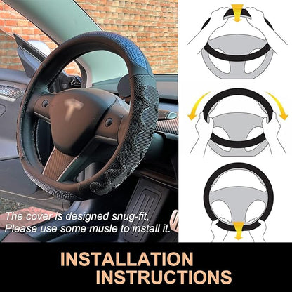PINCTROT Great Grip Steering Wheel Cover for Tesla Model Y/3 2016-2025 2026 Standard/Highland/Juniper, D Shaped 14 Inch Small Sized, Flat Bottom with 3D Honeycomb Anti-Slip Design (Great Grip Blue)