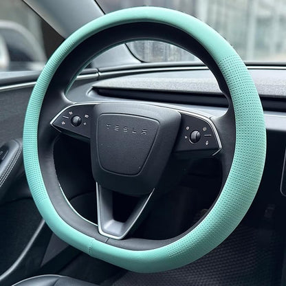 PINCTROT Nappa Leather Steering Wheel Cover for Tesla Model Y/3 Highland/Juniper, D Shaped 14 Inch Small Sized with Breathable Perforation, Fit Like Gloves, Flat Bottom 14 Inch(Nappa Mint)