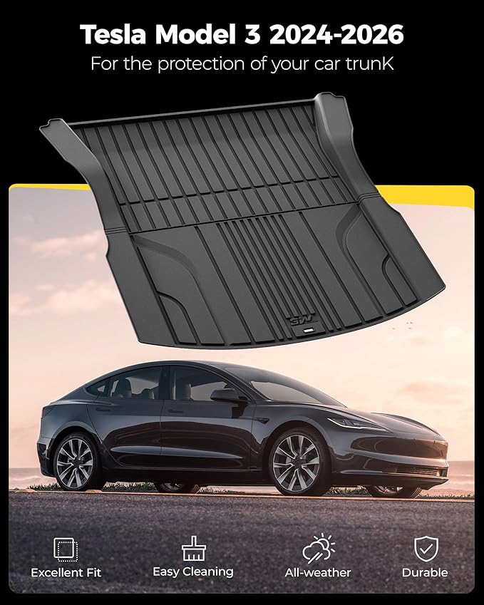 3W Cargo Liner Fit for 2024 2025 2026 Tesla Model 3 Highland, Trunk Mat Set, Custom Fit, TPE, All Weather Waterproof, Car Accessories, Black
