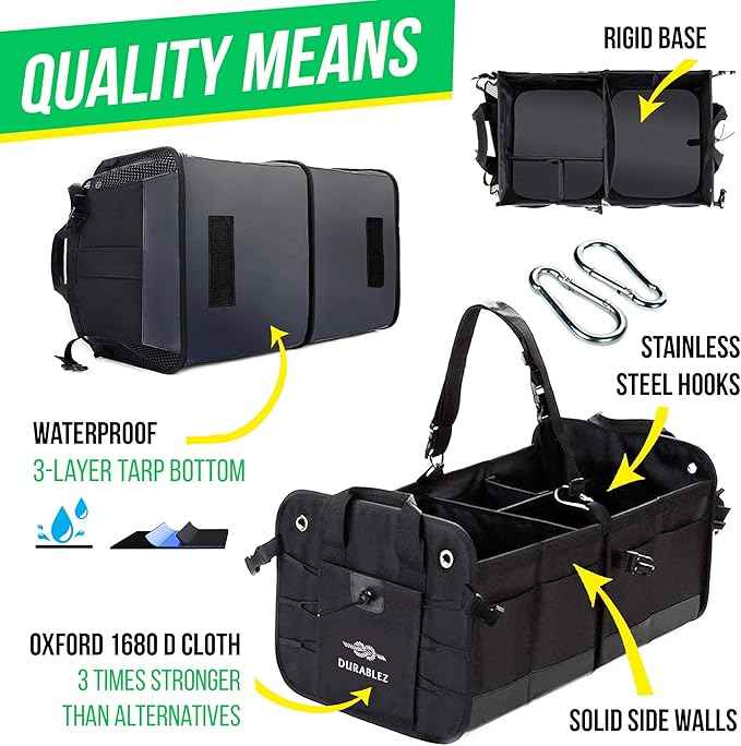 3-Section Car Trunk Organizer XL – Large Modular Auto Storage Bin, Foldable Multi-Compartment Cargo Organizer for Car Trunk, Heavy Duty 1680D Design – Black