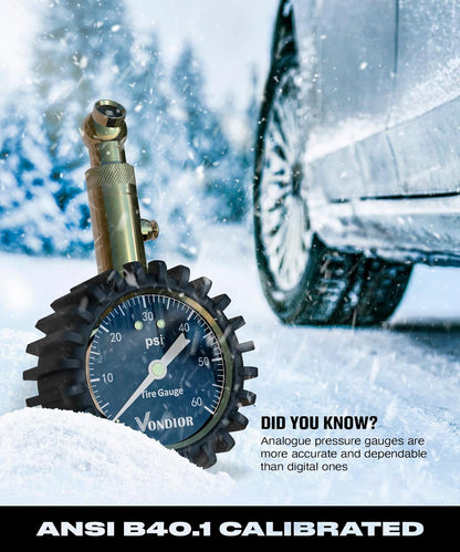 Tire Pressure Gauge - (0-60 PSI) Heavy Duty, Certified ANSI Accurate with Large 2 Inch Easy to Read Glow Dial, Low - High Air Pressure Gauge. Tire Gauge for Car and Trucks Tires by Vondior
