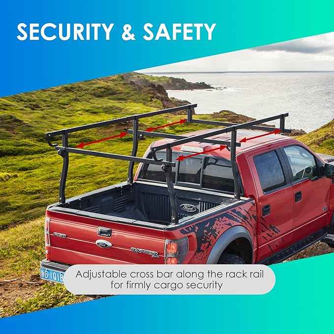 POLESTAR Full Size Steel Truck Ladder Rack, 1000lbs Universal Over-Cab Truck Bed Rack, 45 to 66inch Adjustable Non-Drilling Pickup Contractor Trailer Ladder Rack for Pickup Truck Kayak, C-Clamp Design