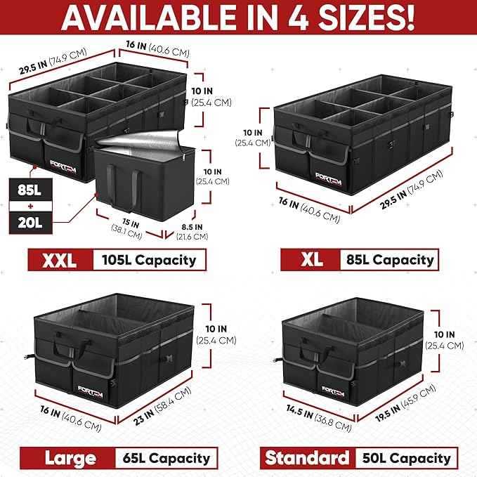 FORTEM Trunk Organizer with Cooler For SUV Car Trunk, Foldable Storage, Car Accessories for Women Men, Collapsible Bag, Perfect Christmas Gifts, 600D Oxford, Non Slip Bottom, Straps, Soft Cover (105L)