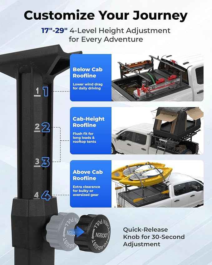Extendable Aluminum Truck Ladder Rack Fit for Ford F150, RAM, Chevy Silverado, Works with T-Slot Tonneau Covers, 800 lbs Capacity Pickup Bed Rack for Kayak, Surfboard, Ladder Transport