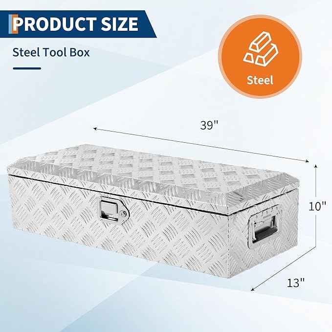 Truck Tool Box, Heavy Duty Aluminum Tool Box with Diamond Plate, Storage Toolbox Chest Organizer Ideal for Pickup, Truck Bed, RV, Trailer, 39 x13 x 10 in