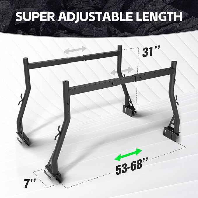 Universal Truck Bed Ladder Rack, Non-Drilling, 900 LBS Load Capacity, Fit Most Truck Bed Ranging from 53" to 68" Wide, Extendable Heavy Duty Steel Cargo Rack for Kayak, Surfboard, Lumber, Ladder