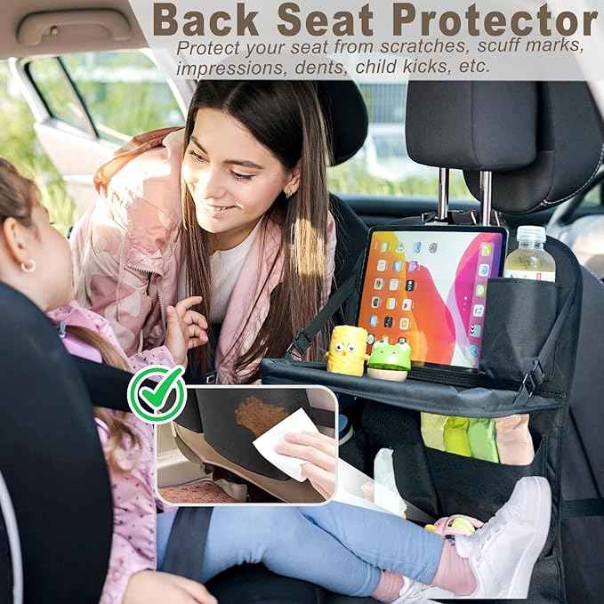 Car Seat Organizers,Multi-functional Back Seat Protectors, Storage Pouches, Child kicking prevention and Tray Holders Kick Mats Back (for Cars, Kids,and Rear Seats) (Black, 1 Pack with Food Tray)