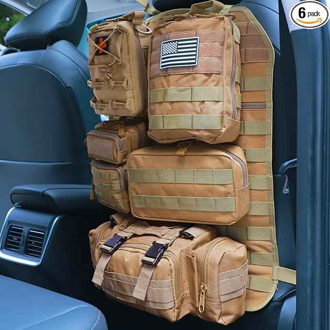Universal Tactical Car Seat Back Organizer Bag Tactical Molle Vehicle Organizers Panel Vehicle Protector Organizers with 5 Detachable Pouches for Car Truck Ford Jeep (Model A-Khaki)