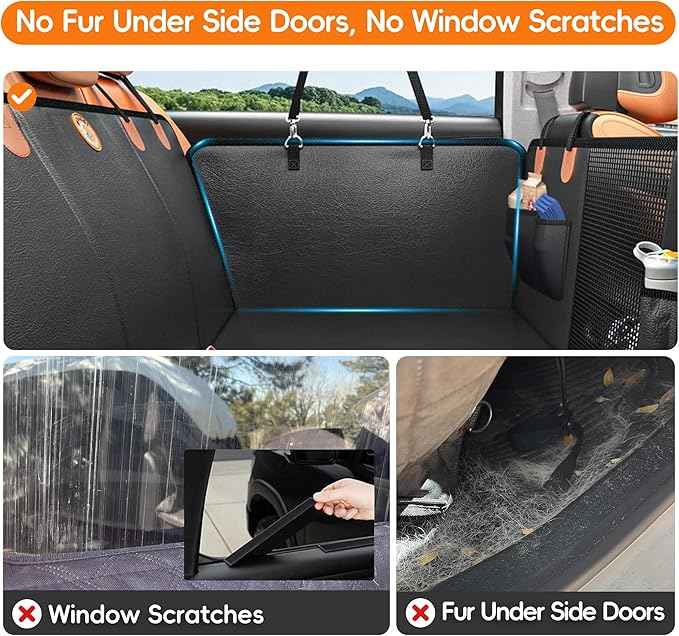 2-In-1 Heavy-Duty Hard Bottom Dog Hammock for Car, 100% Waterproof PU Leather Backseat Cover, Zipper Side Flaps, Non-Slip Extender for Large/Elderly Dogs & Multi-Dog Families,Fits Sedan/SUV/Med.Truck