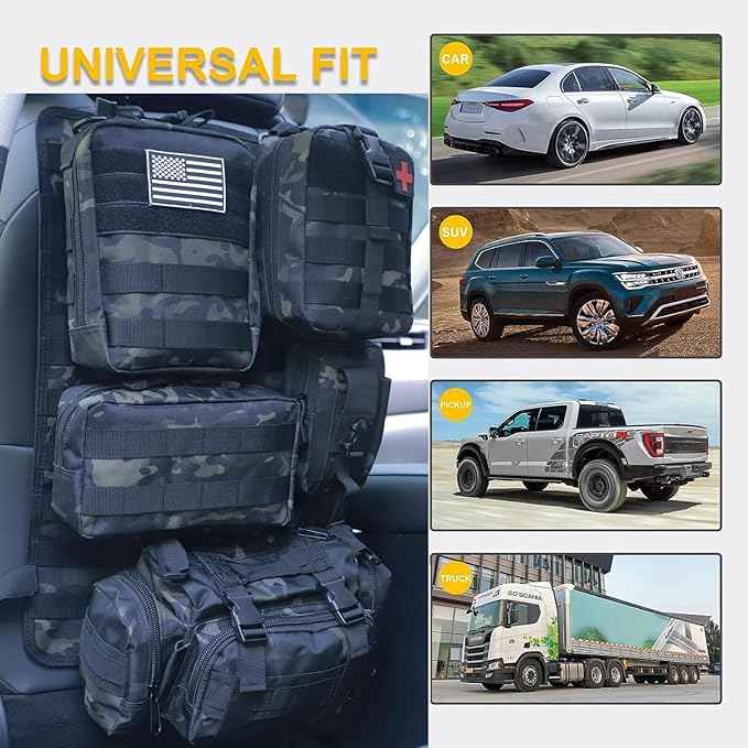 Universal Tactical Car Seat Back Organizer Bag Tactical Molle Vehicle Organizers Panel Vehicle Protector Organizers with 5 Detachable Pouches for Car (Black camo)