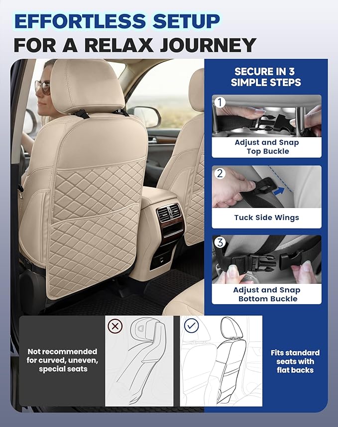 Seat Back Protectors for Kids, Car Kick Mats for Back of Front Seats with Large Pocket Organizer, Waterproof, Protects Against Dirt, Scuffs & Scratches, Fits Most Vehicles, 2PCS (Beige)
