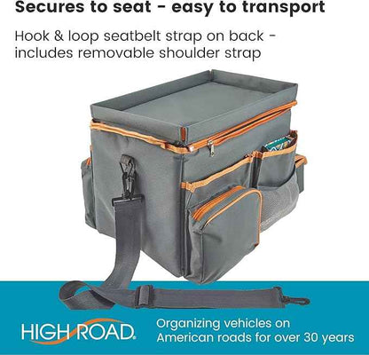 High Road CarHop Car Seat Organizer - Front Seat Organizer for Driver and Back Seat Organizer for Kids with Cup Holders, Study Tray Lid, Side Pockets and Cooler or File Compartment (Gray)