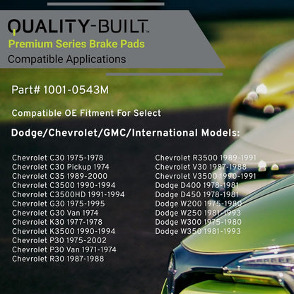 Premium Semi-Metallic Front Brake Pads (1001-0543M) Compatible with 1971-2002 Chevrolet/Dodge/GMC/International (C30 Pickup/C35/C35/C3500/C3500HD/D400/D450/G30/G30 Van/G35/G3500 Van)