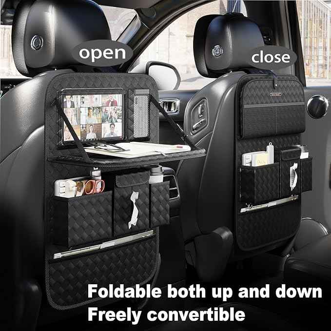 GMQ Back Seat Car Organizer 1 Pack,Backseat Organizer with Tray,Multifunctional Car Seat Back Storage Box with Foldable Tablet Holder (Black, Weave)