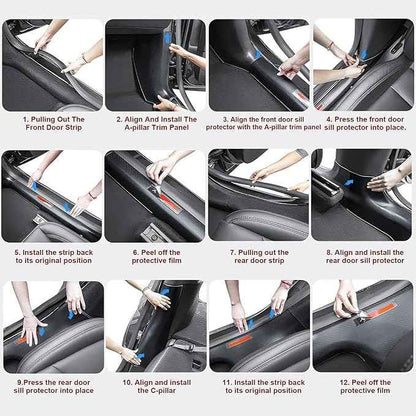 8PCS Door Sill Protector for Tesla Model Y Juniper 2025-2026 - Anti-Kick Carbon Fiber Pattern Entry Guard - Anti-Scuff Waterproof Door Cover - No Drill Installation ABS Hard Interior Kick Pad