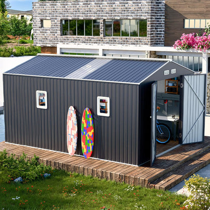 10x12 FT Metal Outdoor Shed with Floor Frame Kit Extra Large Waterproof Tools Storage House with Transparent Top Panel Windows Air Vent for Garden Backyard to Store Bikes,Lawnmower,Dark Grey