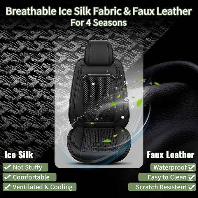 Car Seat Covers Front Seats for Chevy Colorado 2015-2023 2024 2025 2026 - Breathable Cooling Ice Silk Leather Seat Cover - 2 Seats for Chevrolet Colorado Accessories (Black)