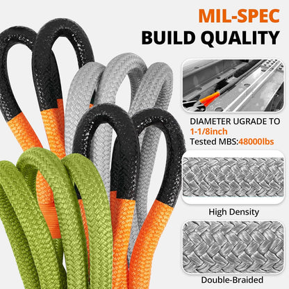 Kinetic Recovery Tow Rope: 1-1/8" x 20ft 48000LBS Snatch Strap with Soft Shackles Heavy Duty Offroad Towing Straps Kit for Trucks SUV UTV ATV Tractor Car Jeep - Green