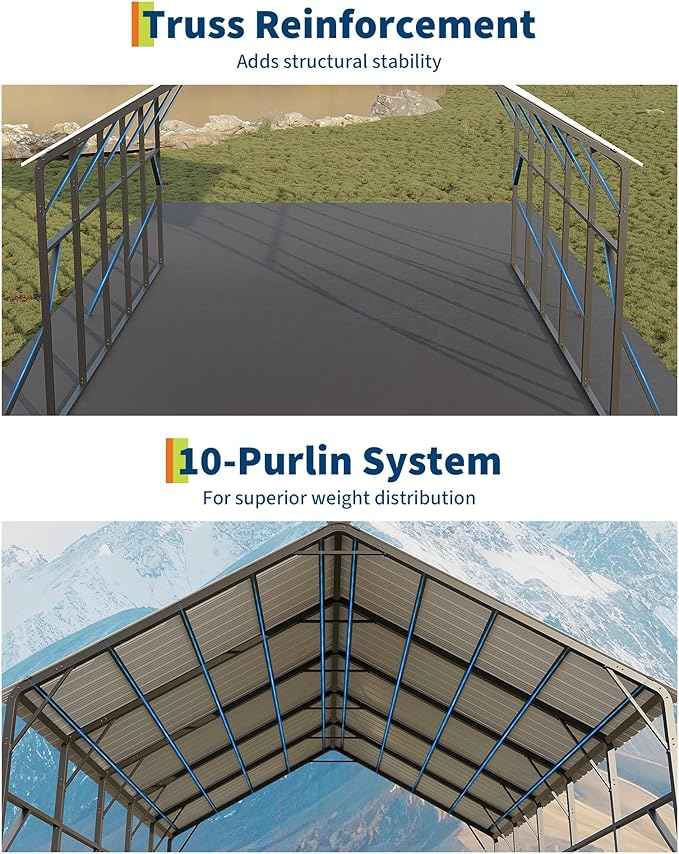Garvee 20x25 ft Metal Carport Kit, 120° Steep-Pitch Vertical Roof for Snow Shedding, 173" High-Clearance RV & Tractor Shelter, Heavy-Duty 2 Cars Car Port with Reinforced Frame