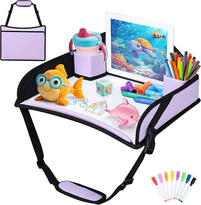 Kids Travel Tray for Toddler Carseat, Road Trip Activities Essentials for Toddler, Kids Lap Desk Tray with Tablet Holder Stand ＆ Dry Erase Board (Purple)