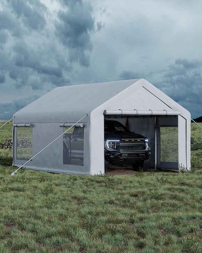 Garvee 10x20 ft Portable Garage, Car Port with 200 g PE Tarp Canopy, with 2 Roll-Up Doors and 4 Windows, for Temporary Paint Booth, Boats&Pickups Shed, and Event Shelter, White