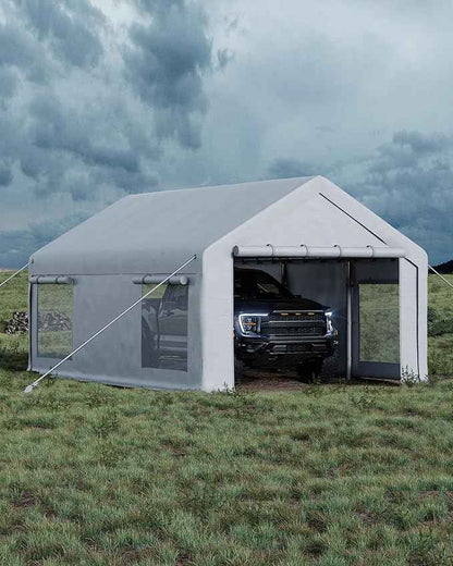 Garvee 10x20 ft Portable Garage, Car Port with 200 g PE Tarp Canopy, with 2 Roll-Up Doors and 4 Windows, for Temporary Paint Booth, Boats&Pickups Shed, and Event Shelter, White