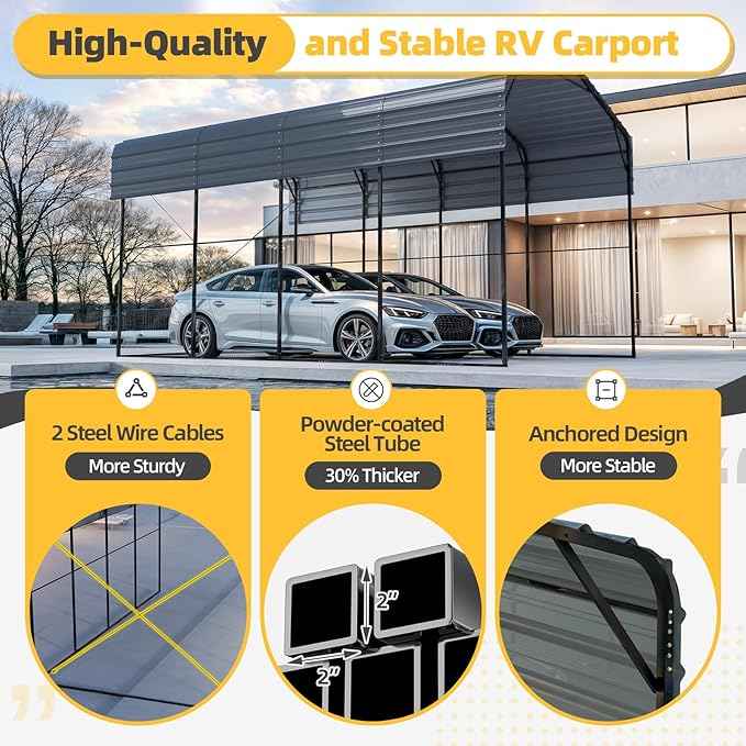 EROMMY 14x20 FT RV Metal Carport, Heavy Duty Carports with Reinforced Steel Frame, Weather-Resistant Galvanized-Steel Roof Shelters, Outdoor Car Shed for 2 Vehicles, Truck, Boat and SUV, Gray