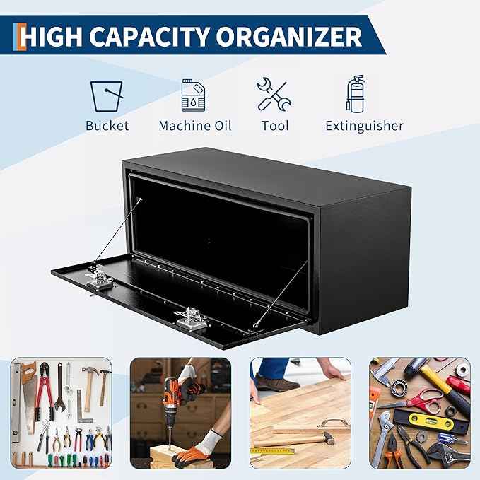 24 in Truck Tool Box Black Steel Truck Storage Tool Box,24 in x 18 in x 18 in Heavy Duty Underbody Tool Chest Organizer w/Lock and Keys, Weather-Resistant for Pickup, Truck Bed, RV, Trailer