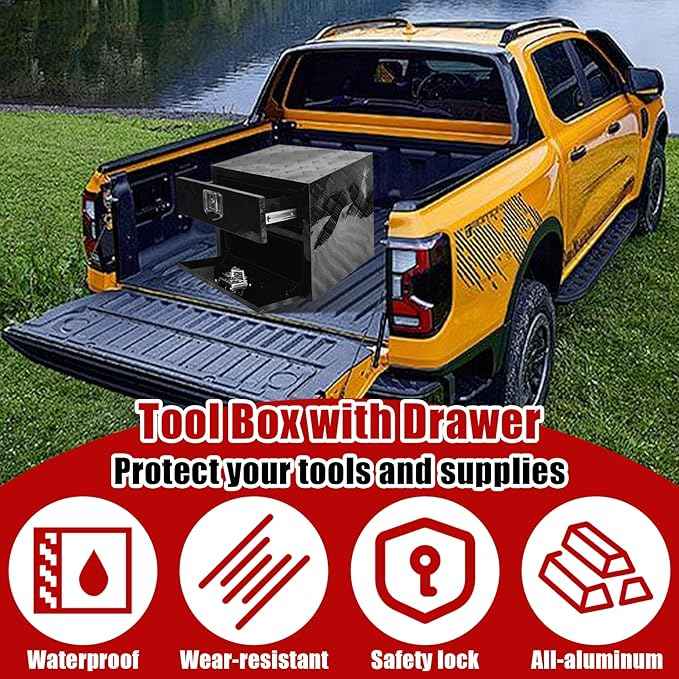 Underbody Truck Tool Box 24"x 18"x 20" Heavy Duty Double-Layer Aluminum Truck Bed Toolbox with Drawer and Lower Door Tools Storage Organizer with Lock and Keys Suitable for Truck Bed Pickup RV Trailer