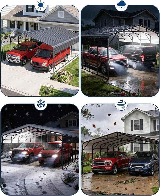 20x25FT Heavy Duty Metal Carport,Outdoor Portable Car Garage w/Led Light,Removable PE SideReinforced Base & Galvanized Steel Roof, Outdoor Car Port Canopy Shelter for Boats, Full-Sized Pickup Trucks