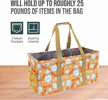 Extra Large Utility Tote Bag - Oversized Collapsible Reusable Wire Frame Rectangular Canvas Basket With Two Exterior Pockets For Beach, Pool, Laundry, Car Trunk, Storage - Volleyball
