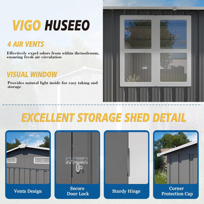 10x8x6.4FT Outdoor Storage Shed, Galvanized Steel Garden Shed with Lockable Door & Window, Waterproof Metal Tool Storage for Garden, Backyard, Patio, Lawn(Grey)