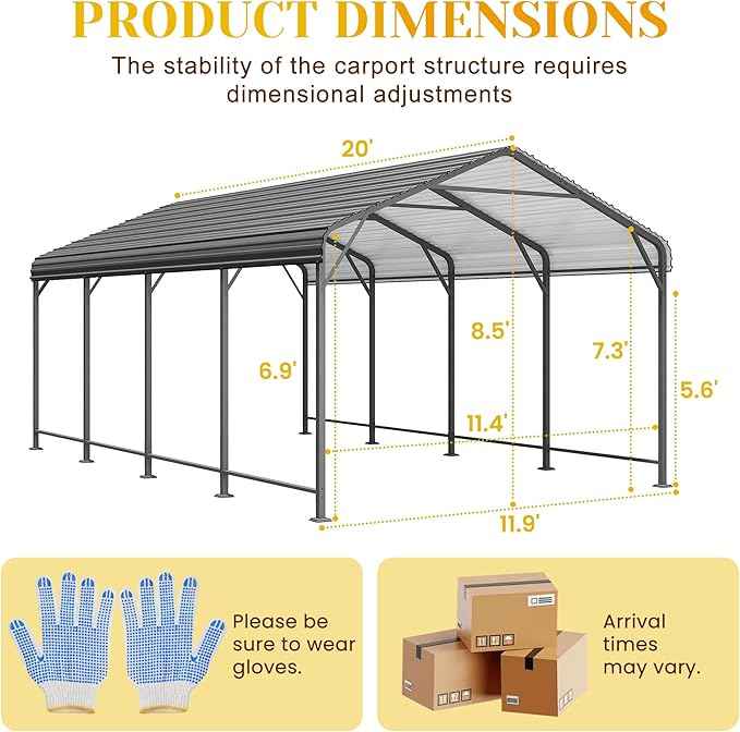 12x20FT Metal Carport, Heavy Duty Carport Canopy with Reinforced Frame and Base for All-Weather, Outdoor Garage Car Port for Pickup Trucks, Boats, Tractors or Party