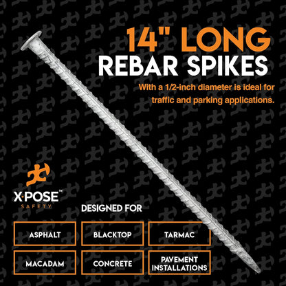 Heavy Duty Rebar Stakes 14" - 1/2" Diameter Threaded Galvanized Steel Spikes – 12 Pack Metal Ground Stakes for Speed Bumps & Wheel Stops – Support Estacas de Metal – Durable Asphalt Surface