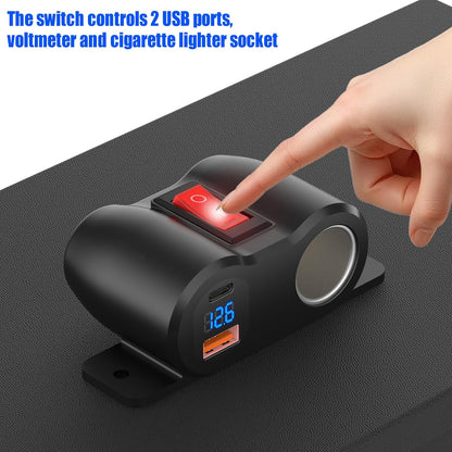 2-in-1 Surface Mount 12V USB Outlet Cigarette Lighter Socket, PD 30W and QC18W Car USB Port Car Charger with Button Switch LED Voltmeter and 120W Socket, Suitable for Cars, Boats, RVs and ATVs