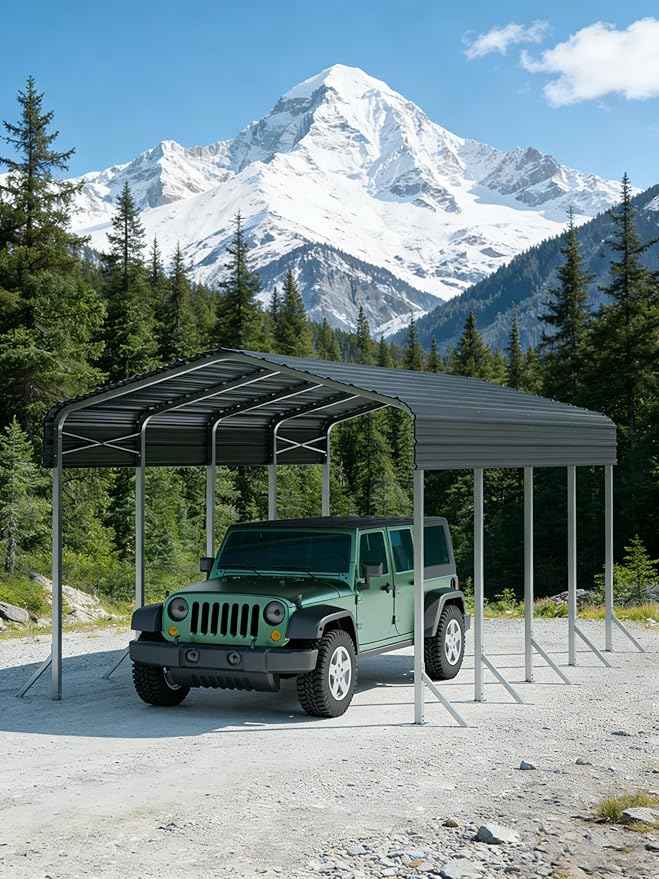 12x20Ft Heavy Duty Metal Carport – Outdoor Galvanized Garage, Sturdy Structure, All-Weather Protection, Easy Assembly for Cars, Trucks, Boats, Tractors, and Outdoor Storage (Grey, 12x20FT)