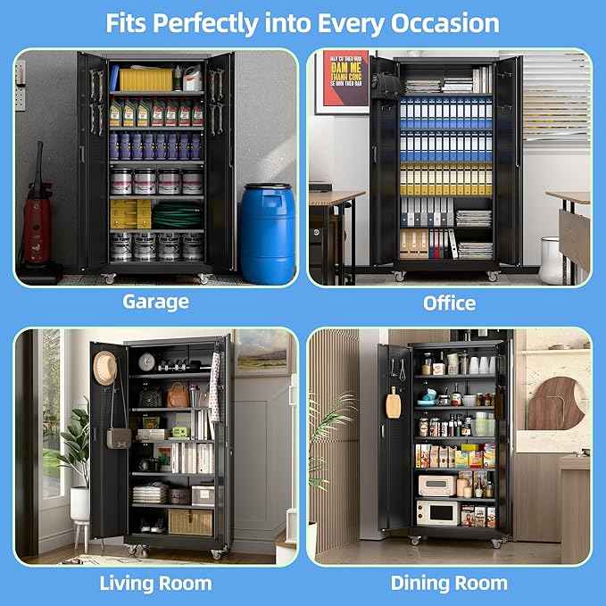 Aobabo Upgraded Garage Storage Cabinets with Wheels,Metal Storage Cabinets with 5 Adjustable Shelves for Garage Home Office Storage, Black,71''H*34''W*18''D,Assembly Required