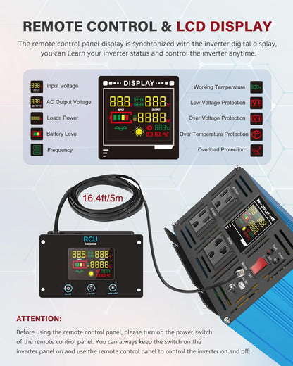 Power Inverter 5000 Watt Pure Sine Wave 48V DC to 110V/120V AC 10000W Peak Converter for Family RV Solar System with 2 AC Outlets LCD Display Remote Control 0.5A USB Charging Port and Wiring Terminal