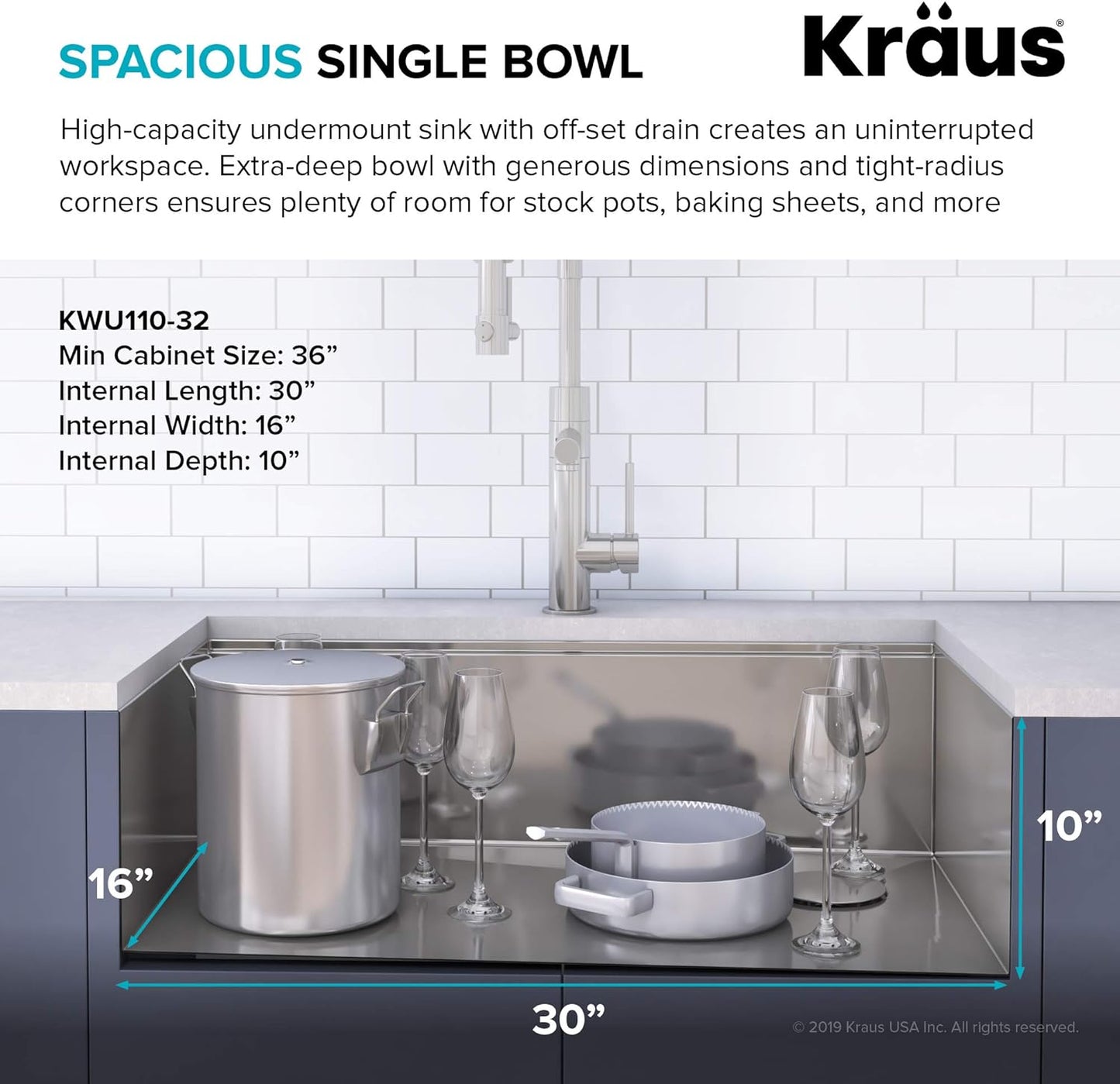 KRAUS Kore Workstation 32-inch Undermount 16 Gauge Stainless Kitchen Sink, Single Bowl Kitchen Sink with 3/4 HP Garbage Disposal, KWU110-32-100-75MB